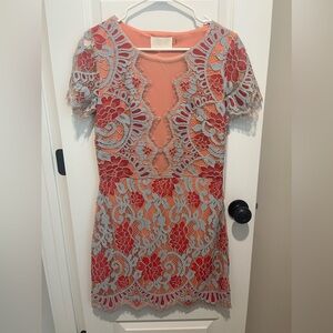 Storia Pink Blue Lace Floral Embroidered Cap Sleeve Empire Sheath Dress Large